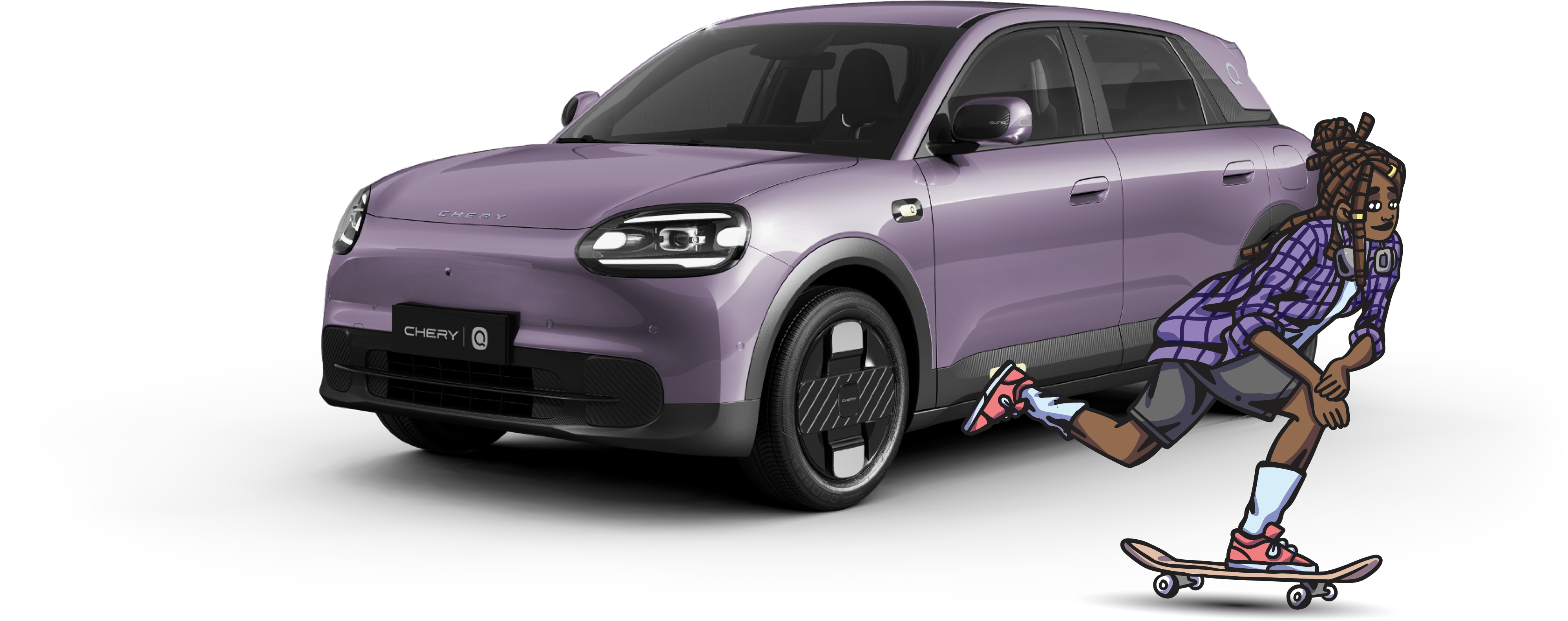 Lavender Chery Q with a skateboarder in the foreground